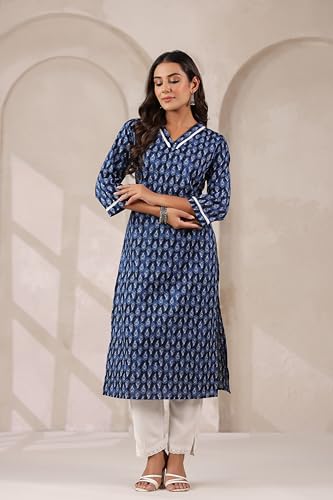 Image of Ichaa Women's Pure Cotton A-Line Ethnic V-Neck Kurta with 3 /4th Sleeve for Daily and Office Wear, in Plus Sizes