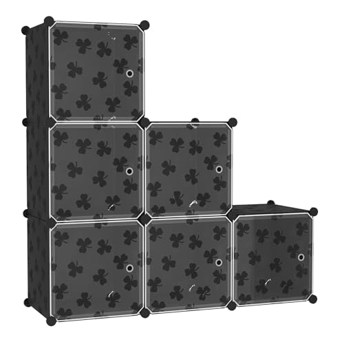 C&AHOME Cube Storage Organizer with Doors 6-Cube Shelves DIY Plastic Modular Bookshelf Closet Clothes Storage Shelving Ideal for Bedroom Living Room Clover Embossed Black