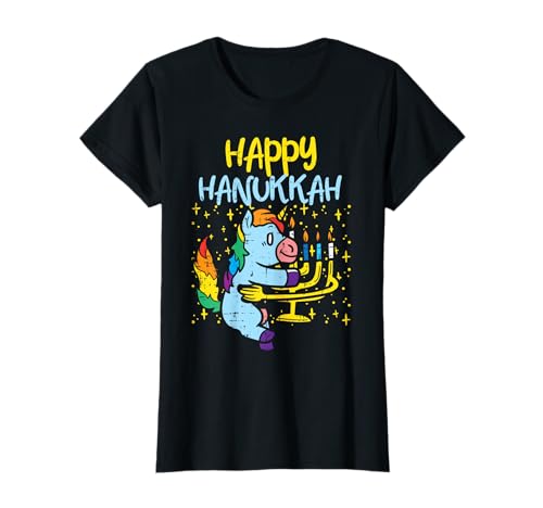 Felice Hanukkah Menorah Unicorno Abbraccio Carino Chanukah PJs Ragazze Maglietta