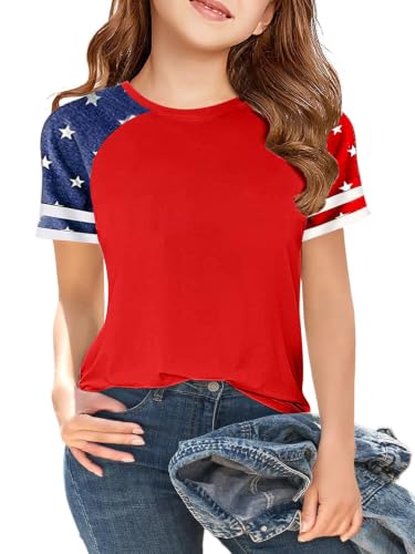 Image of CAZYCHILD Girls 4th of July USA Shirt American Flag Patriotic T-Shirt Independence Day Outfit for Kids 5-14Years