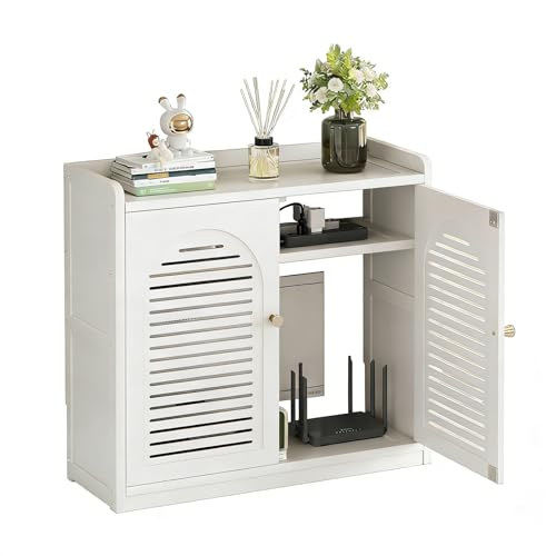 LEMYAHCH Caja Organizadora de Router y Cables, Armario de Router de Bambú con Puerta, Estante de Almacenamiento para Enrutador WiFi y Decodificador TV, Ideal para Casa y Oficina(Color:Blanco)