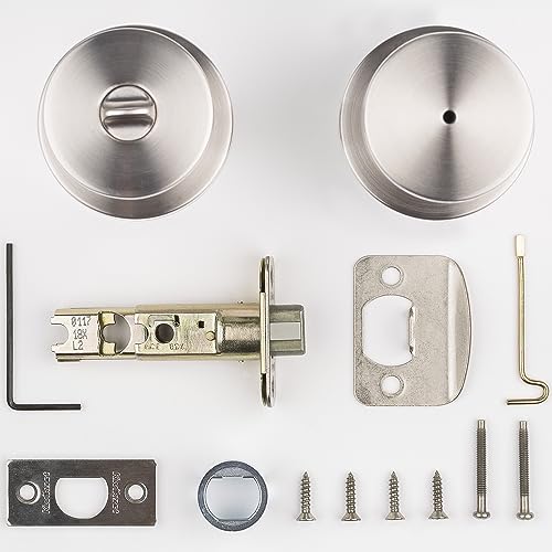 Image of Kwikset Pismo Door Knob Set, 10 Pack with 5 Non-Locking Passage and 5 Locking Keyless Privacy Handles, with Round Rose, Featuring Microban Protection in Satin Nickel