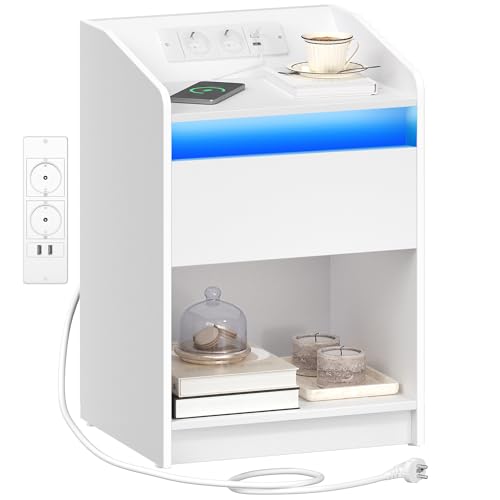 Hzuaneri Table de Nuit avec lumière LED, Tables d'appoint avec Station de Charge, 1 tiroir de Rangement Table de Chevet pour Chambre à Coucher, Salon, 2 Ports USB,...