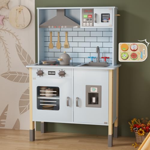 Image of Play Kitchen for Kids, Wooden Kitchen Playset with Fruit Set, Light, Stove, Sink and Accessories, Interactive Toy Kitchen Gift for Boys Girls, Blue