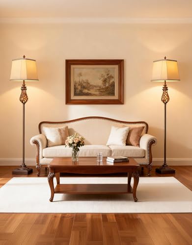 Image of 64'' Vintage Floor Lamp with Nightlight, Rustic Farmhouse Tall Standing Lamp with Rotary Switch and Beige Faux Silk Shade for Living Room, Corner, Bedroom, House Decor, Brown (Bulb Included)