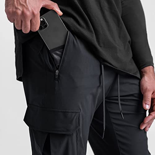 Buufbody Men's Cargo High Rib Jogger Quick Dry Tapered Hiking Pants Gym Running Sweatpants With Zipper Pocket(Us001 Black Xl) #TOP1