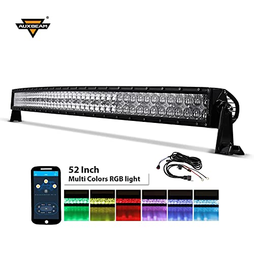 Auxbeam 52 Inch LED Light Bar RGB Multi-Color Curved LED Bar 5D V Series 300W Off Road Driving Light Spot Flood Combo Beam