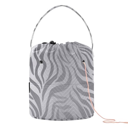 Image of ElliTarr Crochet Bag Yarn Bag with Handle Portable Knitting Project Bag Travel Yarn Storage Organizer Holder Case Light Silvery Zebra Print