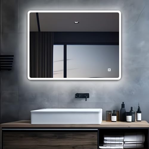 MIQU Specchio da Bagno a LED con Luce 1200 x 700 mm Grande da Parete Montato Appeso Illuminato Specchio Rettangolare con Luce Fredda, Anti-Appannamento e Interruttore Touch per Soggiorno, Bagno