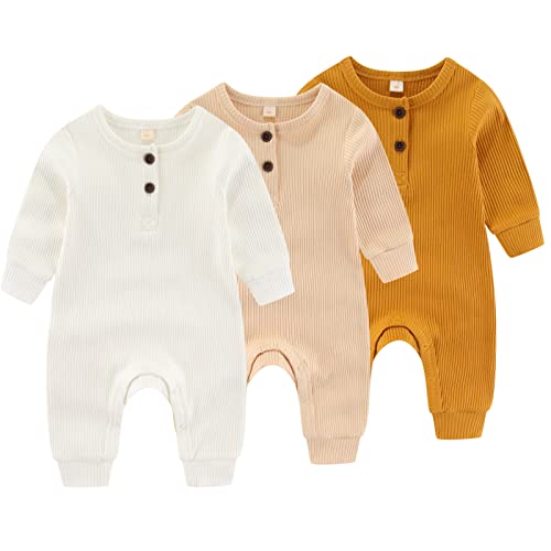 Image of IADOER Newborn Baby Boys Girls One Piece Romper With Mitten Cuffs 3 Pack Long Sleeve Ribbed Button Jumpsuit Outfit Clothes