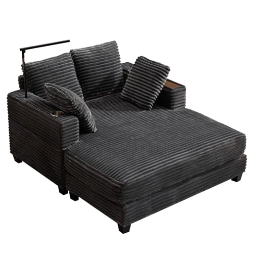 AEDI Oversized Chaise Lounge Chair with Reading Light & USB Charging,Sleeper Sofa with Cup Holder, Solid Wood Frame,for Living Room,Bedroom(Corduroy Grey)
