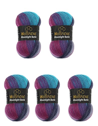 Wollbiene Moonlight Batik Strickwolle 500g zum Stricken und Häkeln - 20% Wolle, Türkische Farbverlaufswolle (5960 Beere Lila Türkis)