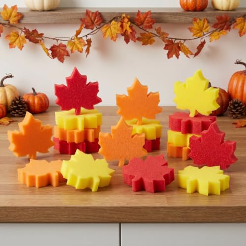 Image of Tioncy 12 Pack Maple Leaves Kitchen Sponges Bulk Dual Sided Scrubber Fall Maple Leaves Sponges Reuseble Non Scratch Dishwashing Kitchen Cleaning Accessories for Pot Boiler Pan Household