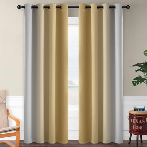 Image of SimpleHome Ombre Beige to Grey White Curtains for Living Room 52Wx96L | Room Darkening Curtains for Bedroom,Gradient Light Blocking Curtain,Thermal Insulated Grommet Window Drapes,2 Panels,96 Inch