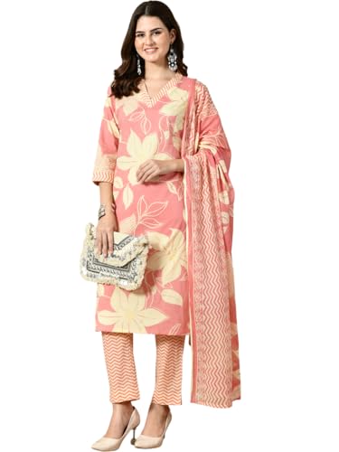 Image of Amazon Brand - Tavasya Women Cotton Anarkali Kurta Pant Dupatta Set | Printed Ethnic Suit Set | Flared Anarkali Kurta with Pant & Dupatta | Festive & Casual Wear