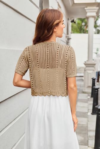 Image of Kate Kasin Women Crochet Shrug Knit Sweater, Short Sleeve Cropped Cardigan | Tie Front Tops Light Weight, Knit Cover Up Arm Bolero For Evening Dresses Dressy Casual, Ladies Eyelet Shawl Thin Formal