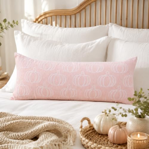 Image of Fall Pumpkin Chenille Pillow Covers,Autumn Decor (Pink,14x36) | Double-sided pumpkin and plaid designs, thick chenille texture, hidden zipper, for couch, sofa, bed, farmhouse autumn decor