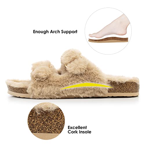 Fitory Womens Open Toe Slipper With Cozy Lining,Faux Rabbit Fur Cork Slide Sandals Camel Size 8 #TOP2