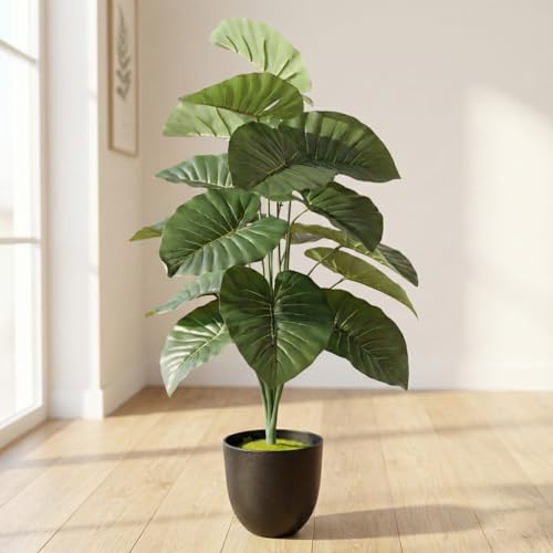Image of Dekorly Artificial Palm Tree - Large Fake Tropical Floor Plant, Realistic Plastic Greenery for Indoor Home, Office, Living Room & Corner Decor (Alocasia Elephant Ear)