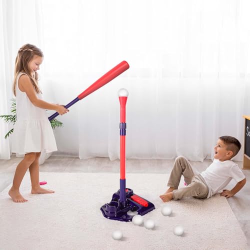 Cecnamt 2-in-1 T Ball Set for Kids Toddlers 3-5 5-8, Height Adjustable Tee Ball Set with 6 Baseballs, Indoor Outdoor Sports Toys for Boys Blue(Tball Bat/Batting Tee/Pitching Machine) - Thumbnail 7