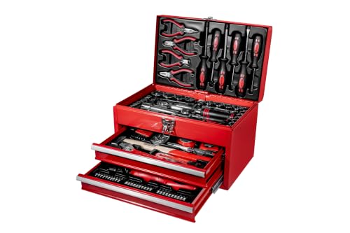Brüder Mannesmann Werkzeugbox, 155-teilig, aus Stahlblech - Werkzeugset aus Chrom-Vanadium-Stahl - inkl. Akkuschrauber, Bitset, Schraubendreher, Zangen, Hammer, Spannungsprüfer und mehr | M29066