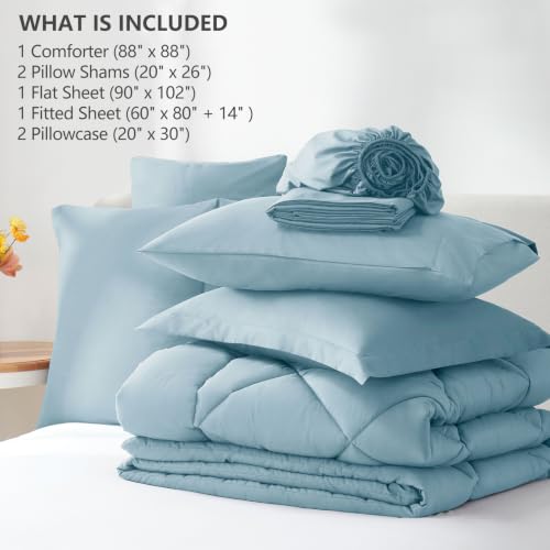Image of CozyLux Queen Comforter Set Light Blue - Bed in a Bag Queen Size 7 Pieces, Luxury Soft Bed Set for All Seasons, Bedding Set with Down Alternative Comforter, Sheets, Pillowcases & Shams