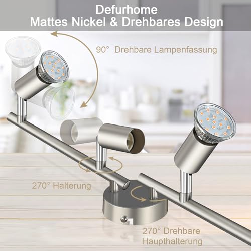 Defurhome LED Deckenleuchte Drehbar, 4 Flammig Strahler Deckenlampe Spot,Modern Deckenstrahler (Mattes Nickel) für Küche, Wohnzimmer, Schlafzimmer, inkl. 4 x 4W GU10 Lampen (400LM, warmweiß)