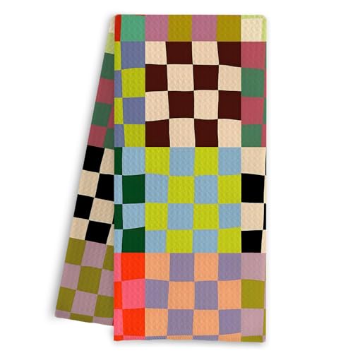 Qpenm Colorful Checkered Hand Towels, Abstract Wavy Checkerboard Grid Decorative Towels for Kitchen Bathroom Gym Spa Bath, Checkered Kitchen Bathroom Decor, 16x24 Inch