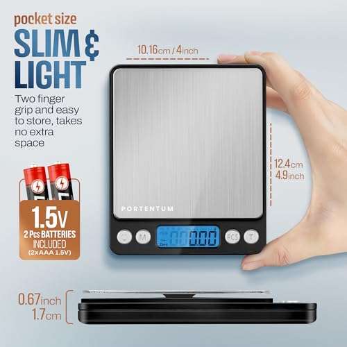 PORTENTUM Digital Kitchen Scale 500g/0.01g - Food or Mail, Electronic, Stainless Steel, Measuring Function for Liquid in ml and fl. oz., Precision Scale