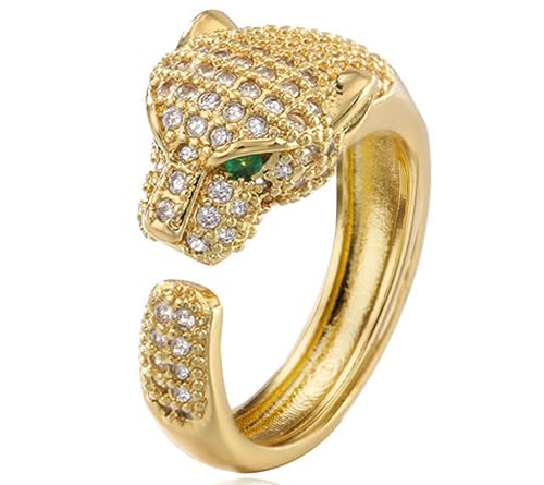14K Gold Leopard Animal Leopard Head Cute Unique Women's Adjustable Set Zirconia Ring Holiday Gift