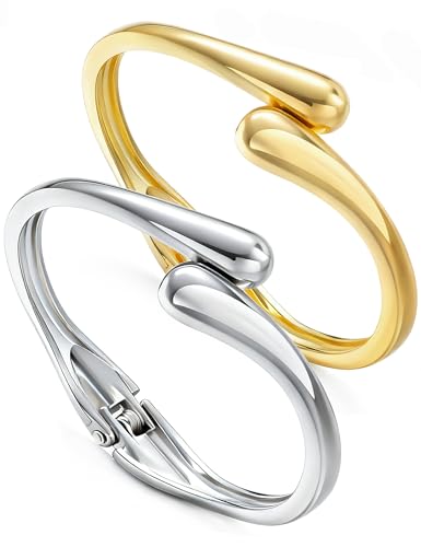 Image of Chunky Gold Bangle Bracelets for Women, Dainty 14k Gold Plated Big Stackable Bangles Set, Trendy Statement Cuff Bracelet Stack Fashion Jewelry Gifts