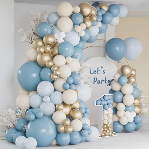 Image of 12 Inch 60pcs Dusty Blue Balloons White Sand Metallic Gold Confetti Party Balloons Light Baby Blue White Gold Latex Balloon for Boy Baby Shower Birthday Wedding Party Decoration