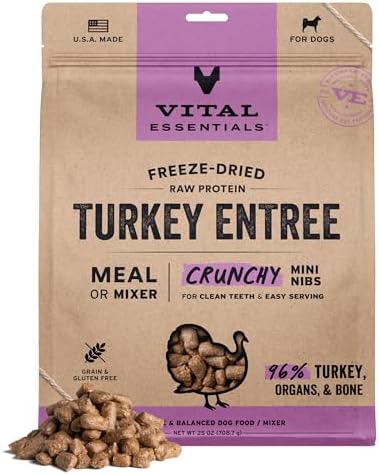 Vital Essentials Freeze Dried Dog Food, Raw Turkey Crunchy Mini Nibs | Complete Meal or Topper | 96% Turkey, Organs & Bone | Limited Ingredient, High Protein, Grain Free Dry Dog Food | 25 oz Bag