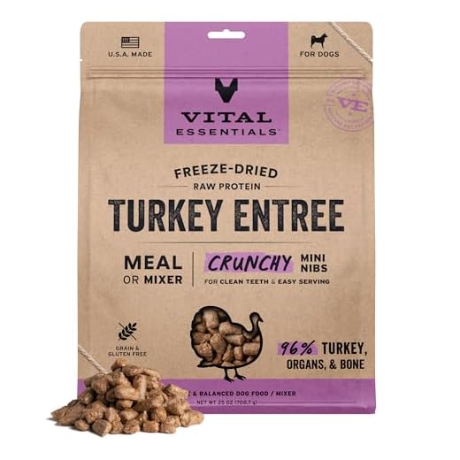 Vital Essentials Freeze Dried Dog Food, Raw Turkey Crunchy Mini Nibs | Complete Meal or Topper | 96% Turkey, Organs & Bone | Limited Ingredient, High Protein, Grain Free Dry Dog Food | 25 oz Bag