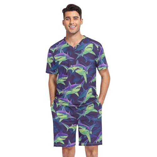 Shark Animal Men’s Pajama Sets Short Sleeve Lounge Wear with Elastic Waistband and Drawstring