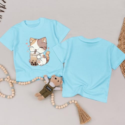 Image of KEEVICI Cute Cat Shirts for Girls Graphic Tees Bubble Tea Tshirt Kids Kawaii Cartoon Animal Print T Shirt Summer Cotton Tops