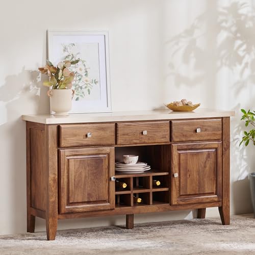 Image of Home Centre | Giza Composite Marble Top Sideboard | Storage Cabinet for Home | Solid Wood | Beige | 1 Year Warranty