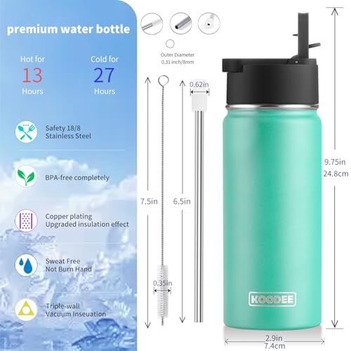 Image of koodee 16 oz Water Bottle Stainless Steel Double Wall Vacuum Insulated Sports Water Bottle with Straw, Reusable Metal Wide Mouth Water Flask for Girls Women,BPA Free(Teal)