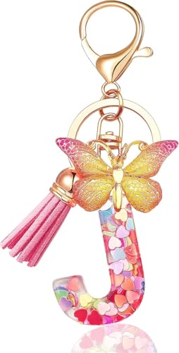 Initial letter Keychains for Women Tassel Butterfly Pink Cute Car Keychain for Wallet Backpack bag charm