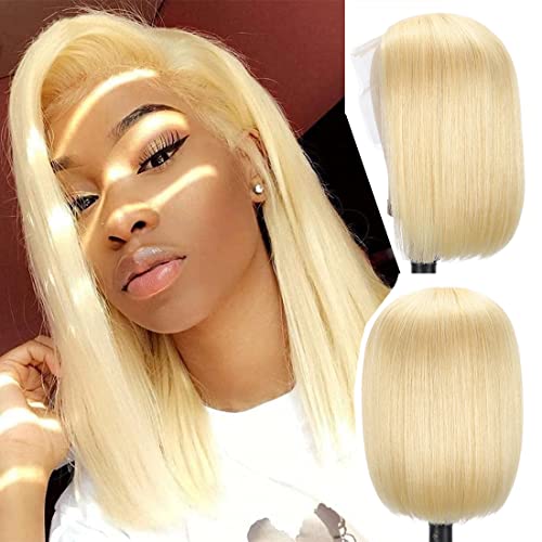Blonde Bob 13X4 Lace Front Wig Human Hair Bleached Knots 150% Density 613 Wig 12 Inch Straight Short Bob Wigs Human Hair Lace Frontal Wigs For Women