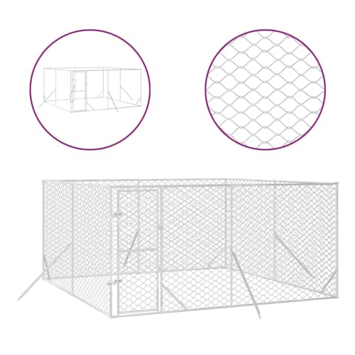 Mokuyary Outdoor-Hundezwinger Silbern 4x4x2 m Verzinkter Stahl, Outdoor Hundehaus Hundehütte, Hundelaufstall Welpenlaufstall für Garten