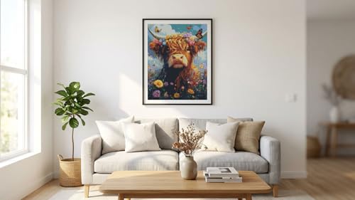 Image of MYBISYMQQ Highland Cow Cross Stitch Kits for Adults Beginners - 11CT Stamped Floral Cow & Butterfly Embroidery Kit, DIY Pre-Printed Needlepoint Patterns for Home Wall Art Decor, 15.7x11.8 Inches