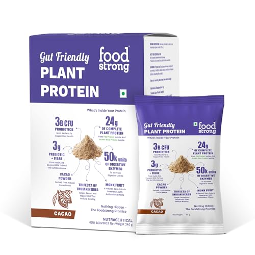 Image of Foodstrong Gut Friendly Plant Protein - Chocolate (Cacao) | 24g Complete Plant Protein with Probiotics, Digestive Enzymes, Prebiotics & Indian Herbs | Vegan | No Sugar | 6 Sachets, 240G