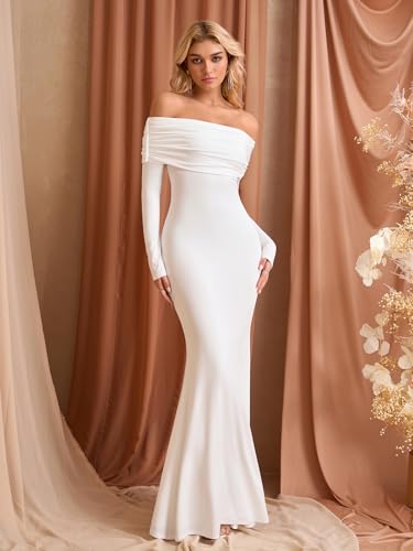 KUTUMAI Elegant Off Shoulder Long Sleeve Maxi Dresses for Women Fall Bodycon Fishtail Formal Wedding Guest Dress2