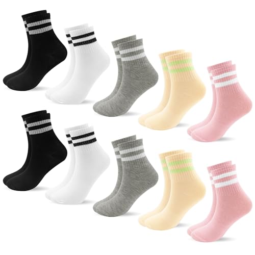 SREBIWO 10 Paar 36-42 Tennissocken Damen,Sportsocken Damen,Retro Socken,Crew Socken,Laufsocken,Freizeitsocken,Lange Tennissocken Baumwollsocken (Einheitsgröße,Mehrfarbig)