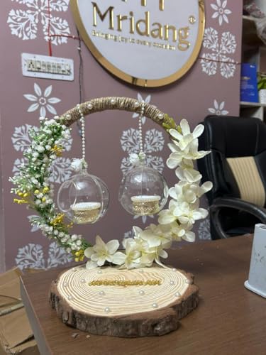 Image of Mridang Wedding Ring Platter for Engagement Ceremony, Decorative Ring Plate(Wooden base Color Floral Theme) Engagement Platter Shadi ki thali Decorative Plates