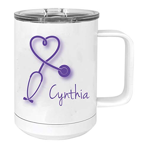 Stethoscope Nurse Personalized Add Your Custom Text 15 Oz Sublimatable White Vacuum Insulated Coffee Mug with Handle Customizable (Purple)