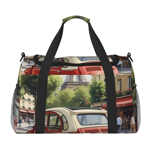 Paris Postcard Print Travel Duffle Bag - Foldable Personal Item Travel Bag for Women & Men,Carry-On Convertible Crossbody Tote Bags with Adjustable Shoulder Strap & Pockets 13x10.2x19.7 in