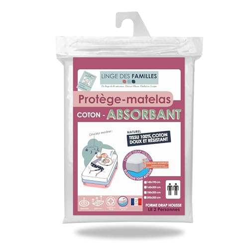 Linge des Familles - Protège Matelas 160x200 cm - 100% Coton - Alèse Molleton Absorbante Respirante - Label Oeko-TEX® Standard 100 - Made in Europe - Élastique Tout...