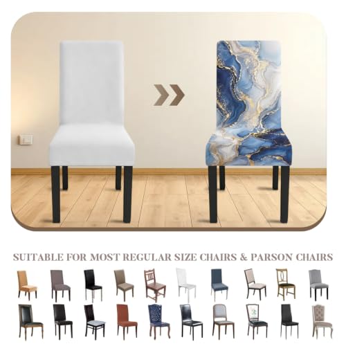 Image of Blue Marble Dining Chair Covers Set of 4, Gold Vein Slipcovers